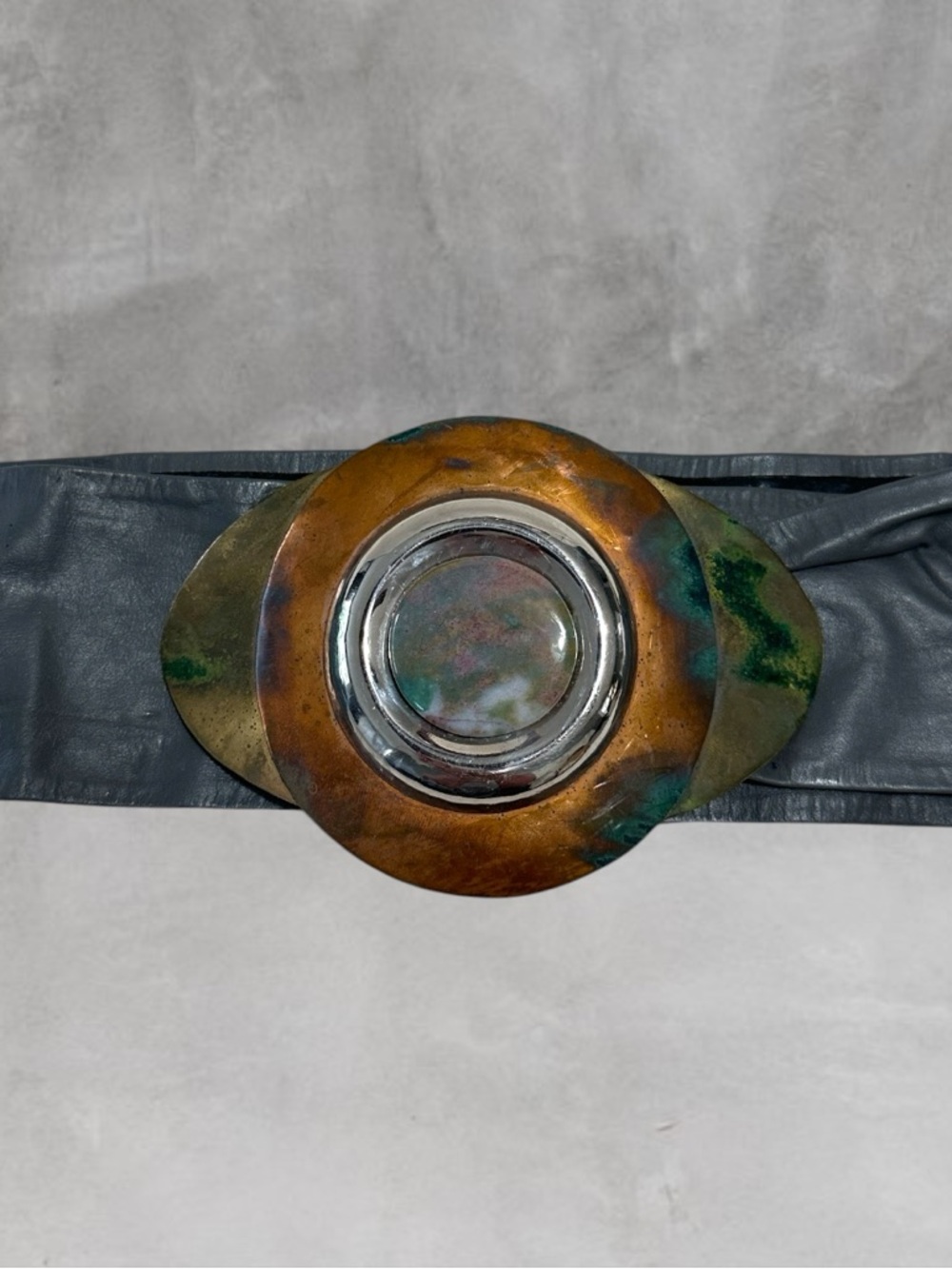 Vintage Artisan Copper Brass Silver Agate Buckle Gray Leather Belt